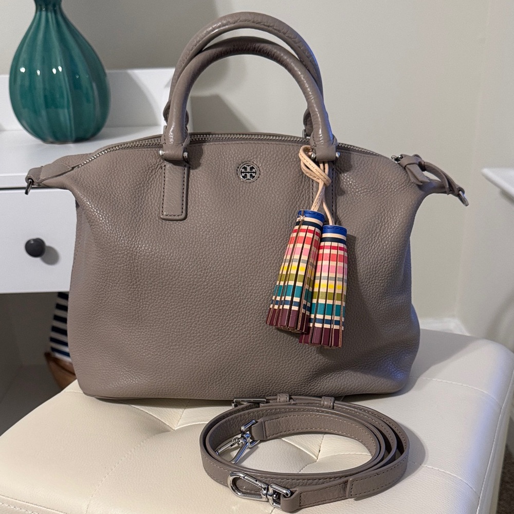 Tory Burch Taupe Pebbled Leather Satchel with Multicolor Striped Tassel